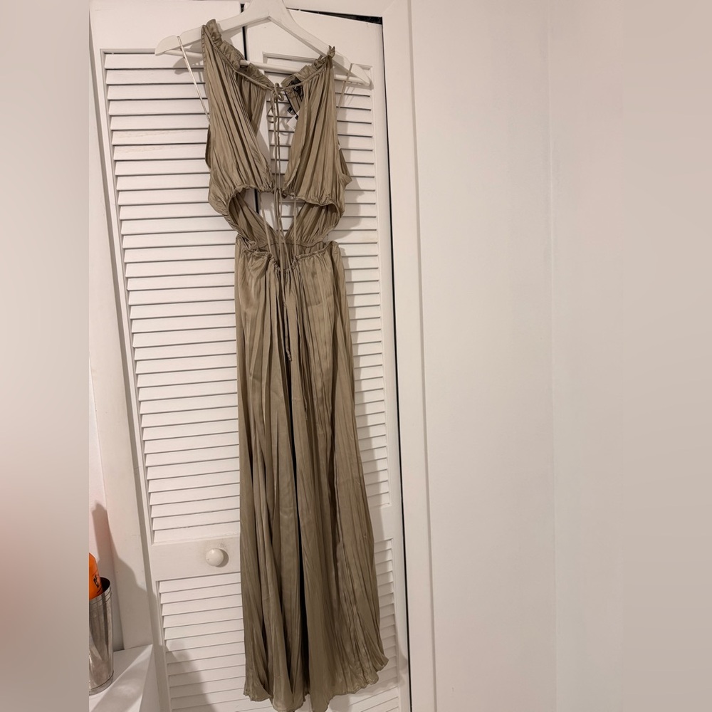 Zara Taupe Pleated Cutout Maxi Dress